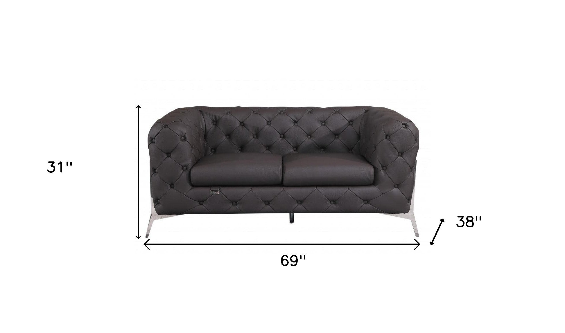 69" Dark Brown Tufted Italian Leather and Chrome Love Seat