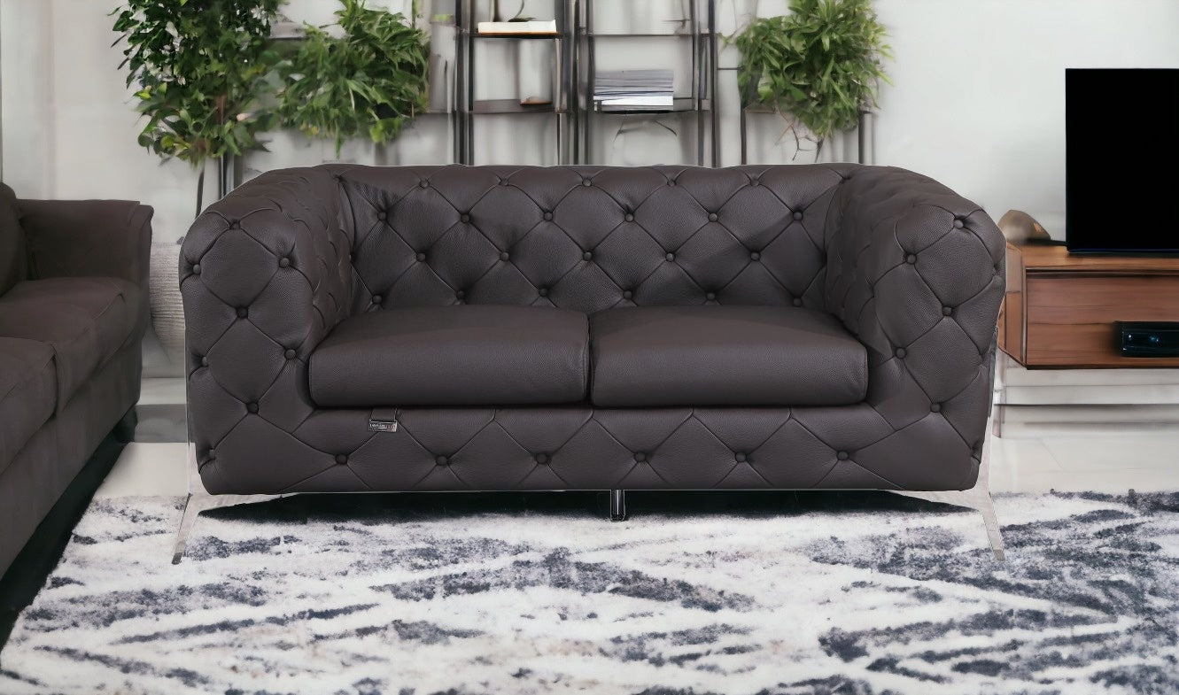 69" Dark Brown Tufted Italian Leather and Chrome Love Seat