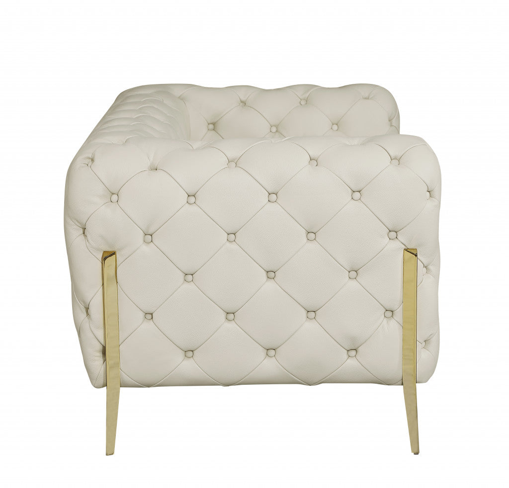 69" Beige All Over Tufted Italian and Gold Leather Love Seat