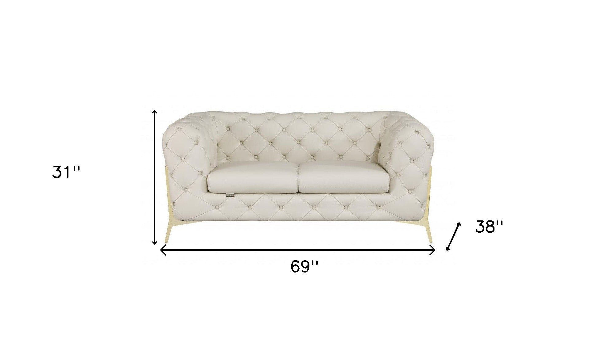 69" Beige All Over Tufted Italian and Gold Leather Love Seat