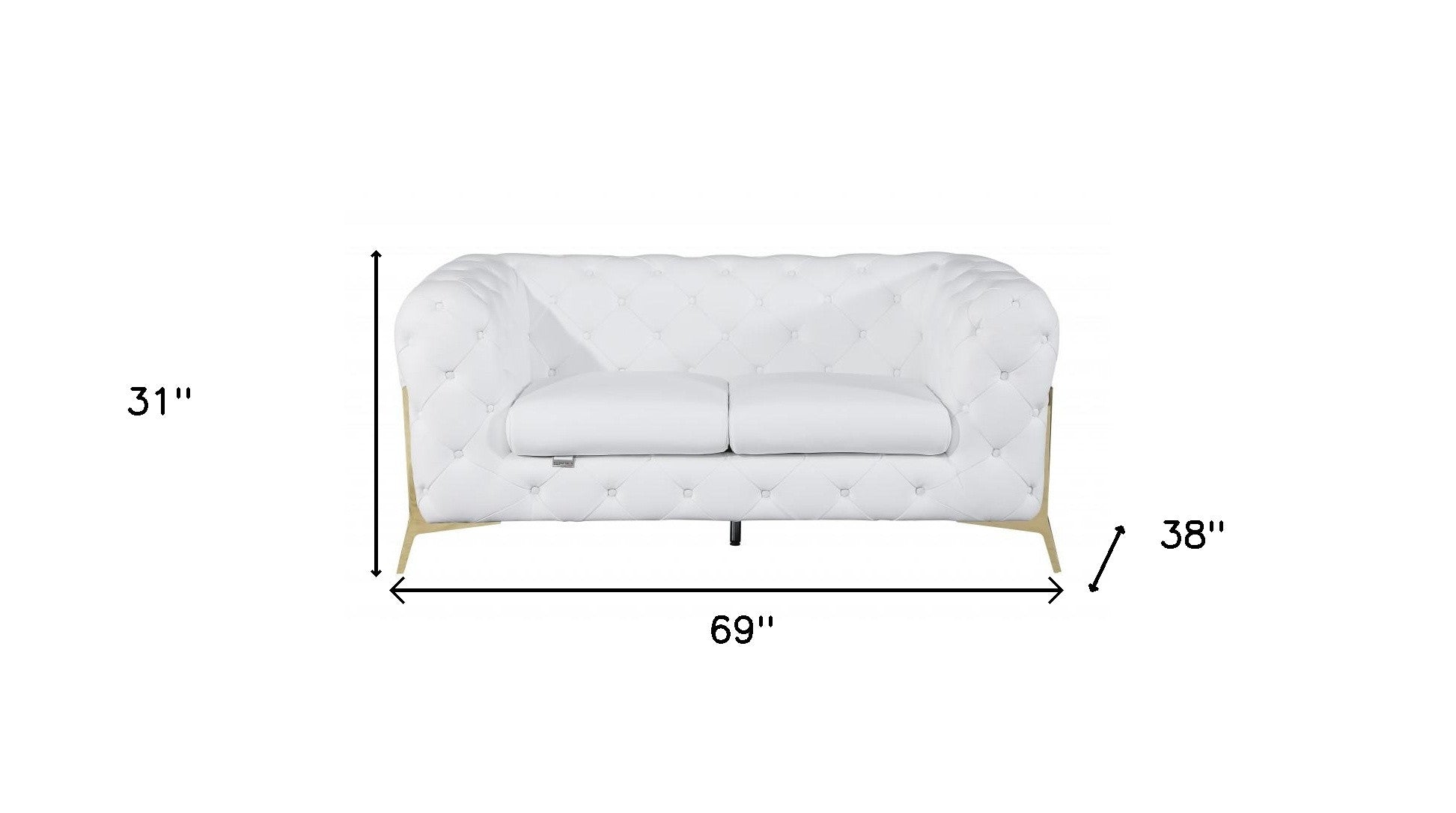 69" White All Over Tufted Italian and Gold Leather Love Seat