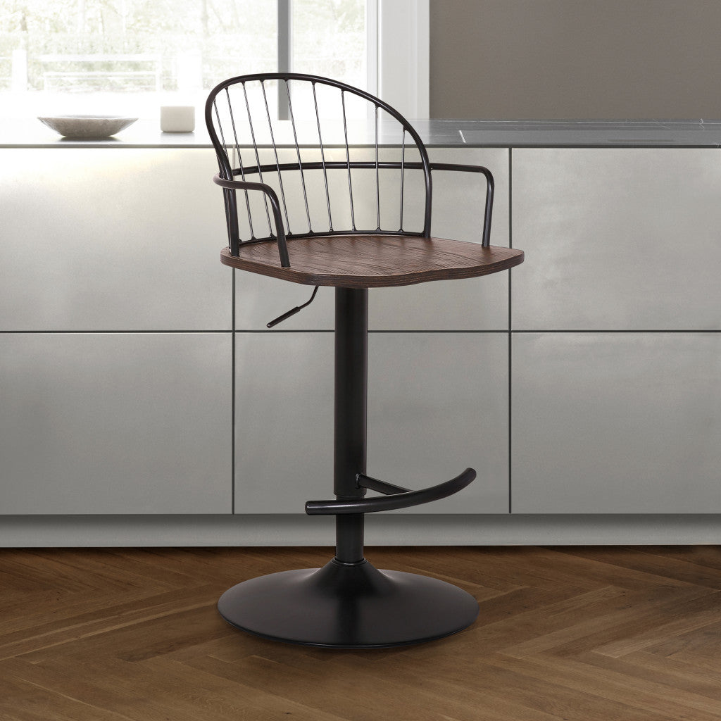 Walnut Wood and Metal Adjustable Curve Back Bar Stool