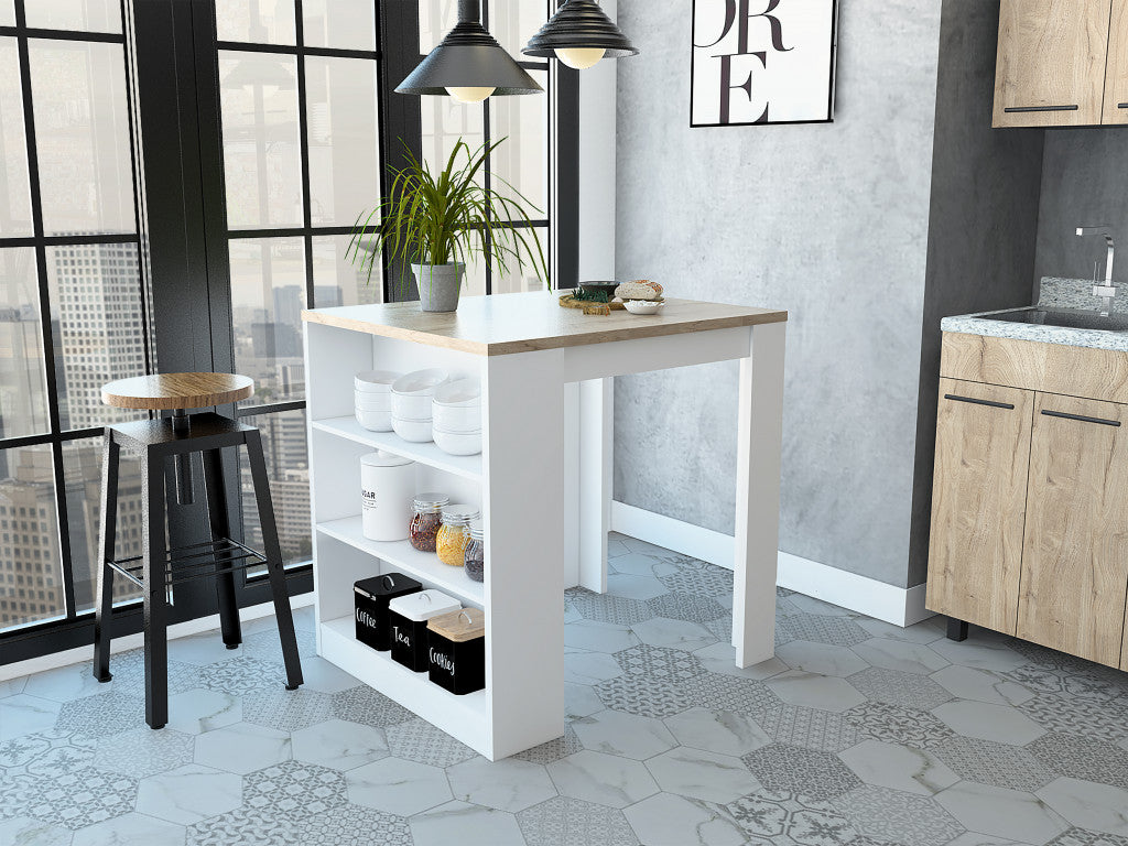 Stylish White and Pine Kitchen Counter and Dining Table Combination