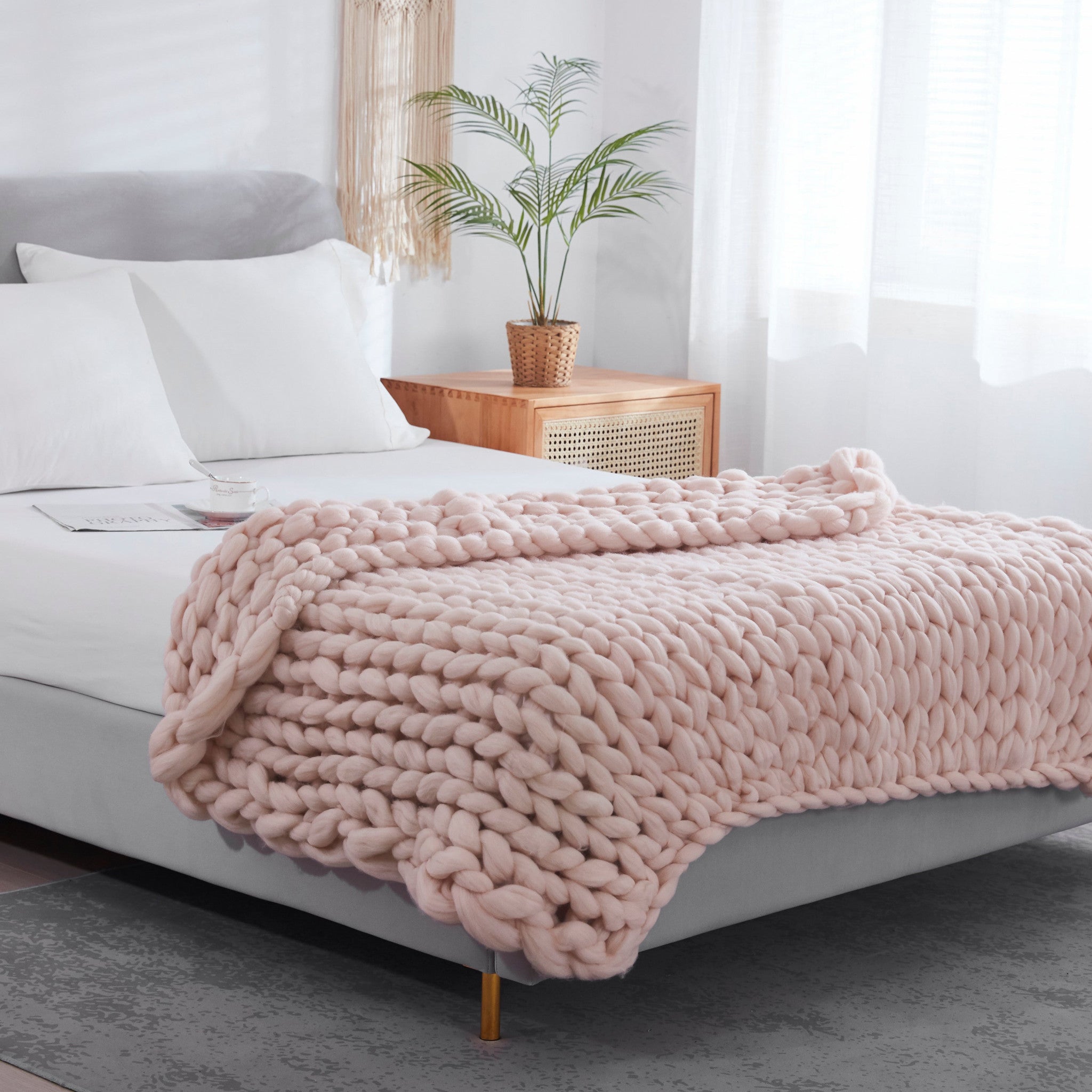 Pink Boho Chunky Knit Throw Blanket