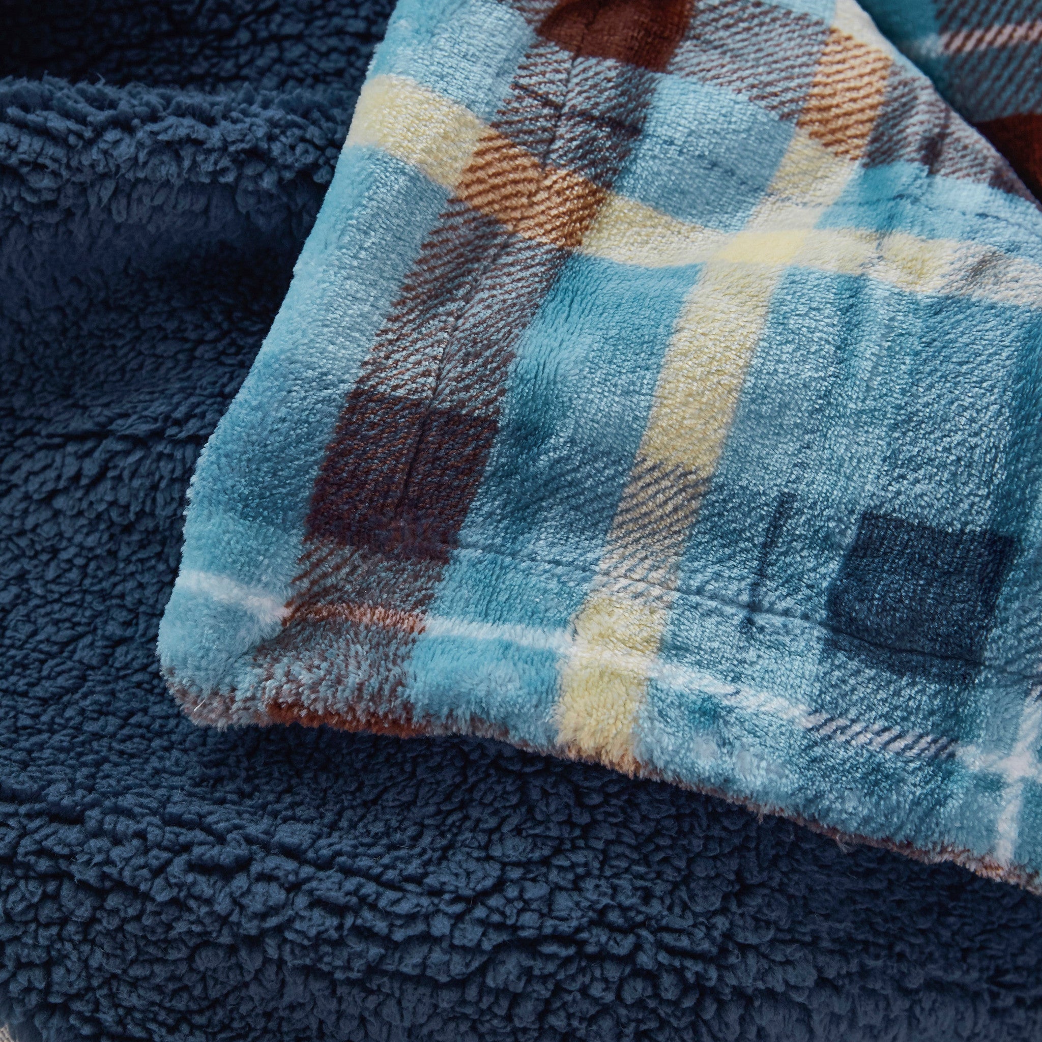 Blue Plaid Reversible Velvet and Sherpa Throw Blanket