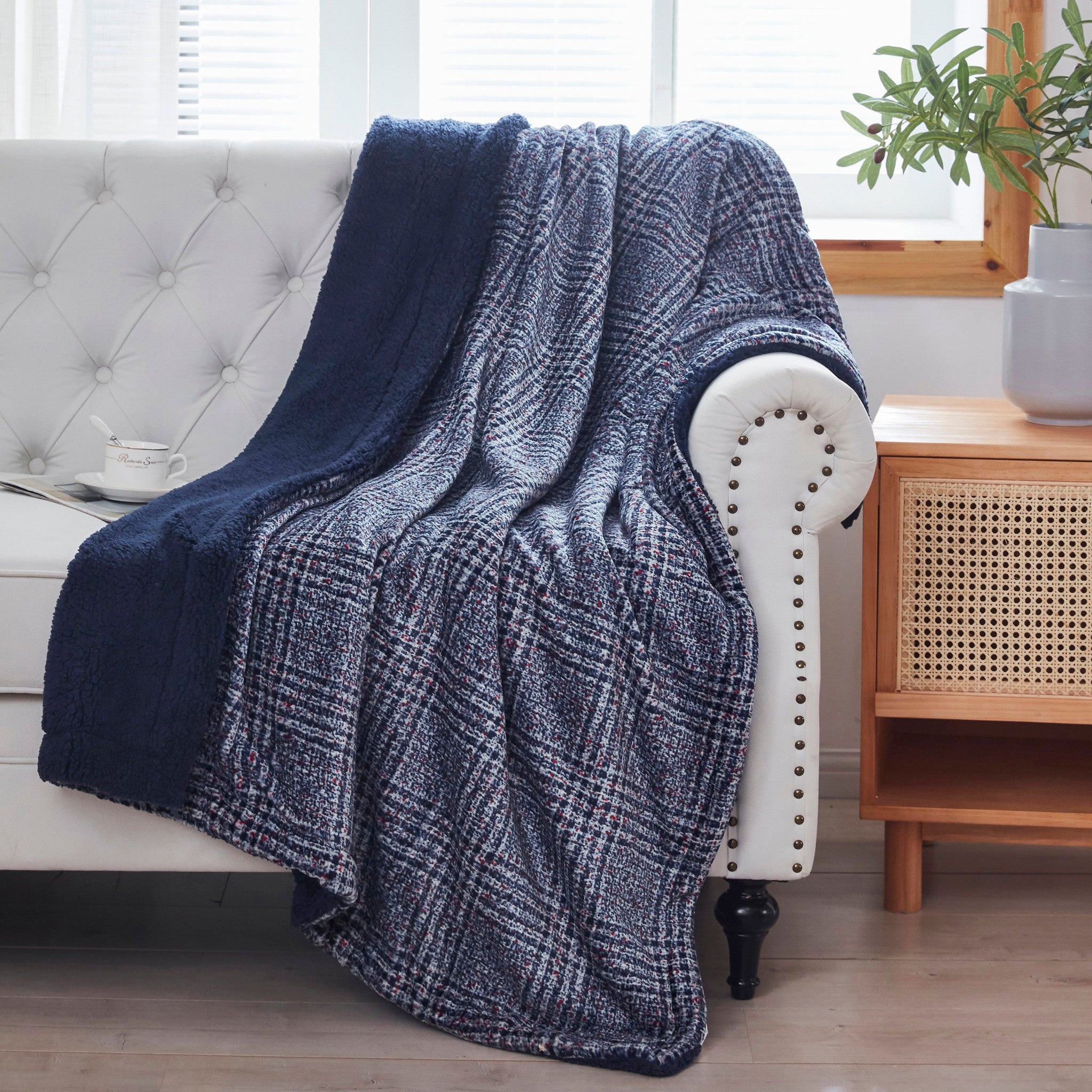 Navy Blue Reversible Velvet and Sherpa Throw Blanket