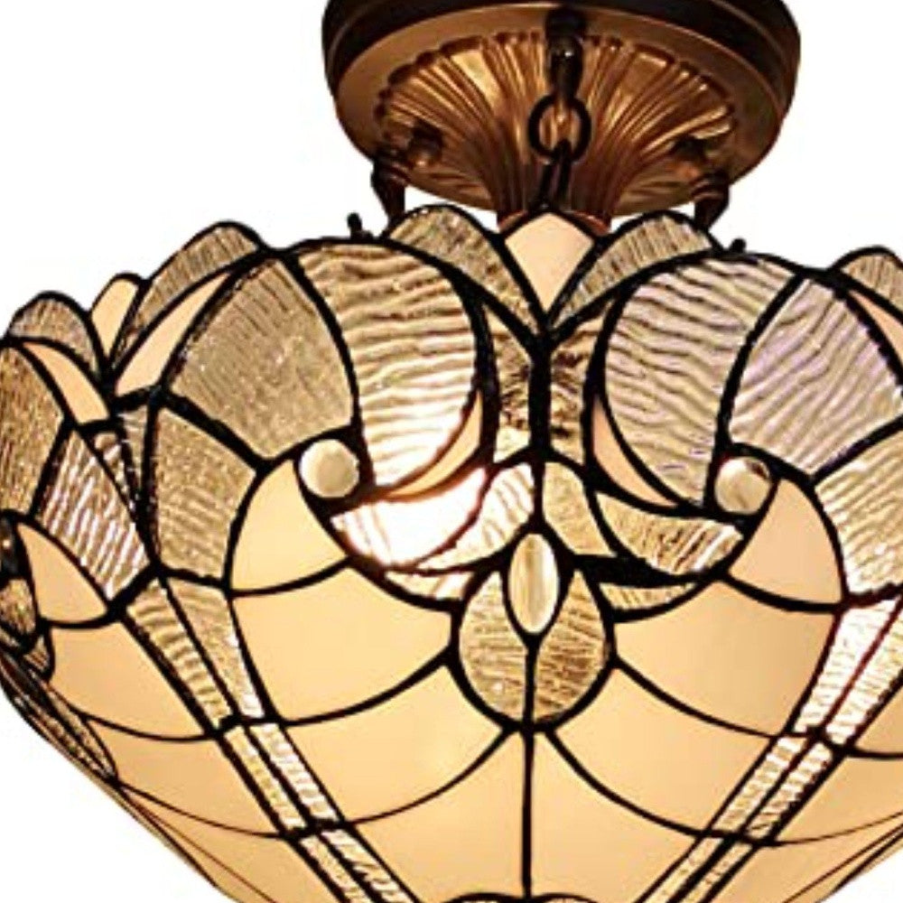 Yellow and Brown Two Light Tiffany Style Semi Flush Dimmable Ceiling Light