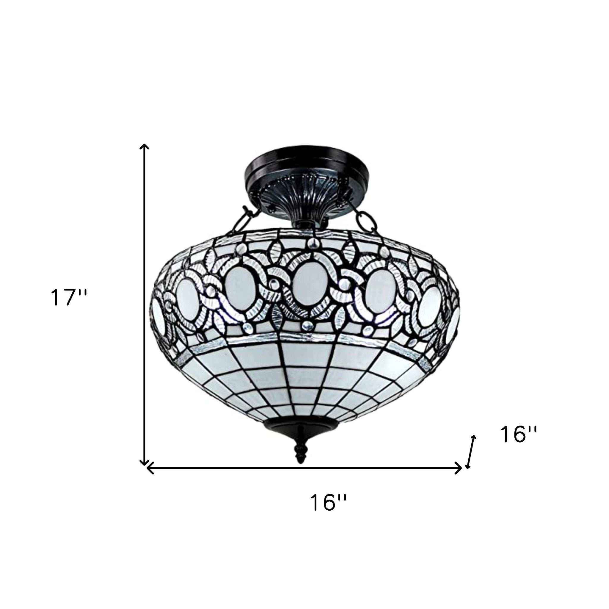 Blue and Black Tiffany Style Two Light Glass Dimmable Semi Flush Ceiling Light