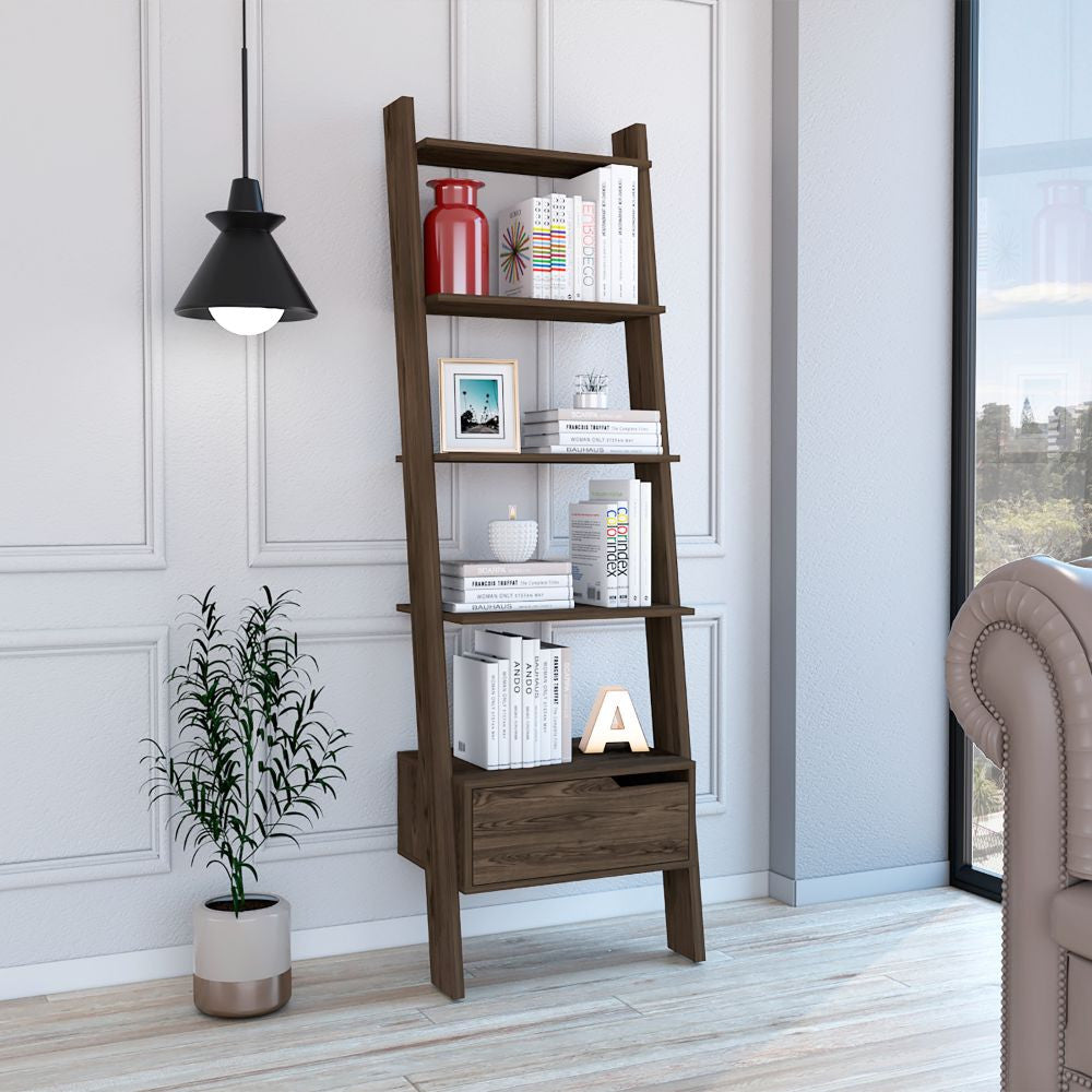 70" Dark Walnut Five Tier Ladder Bookcase with Drawer