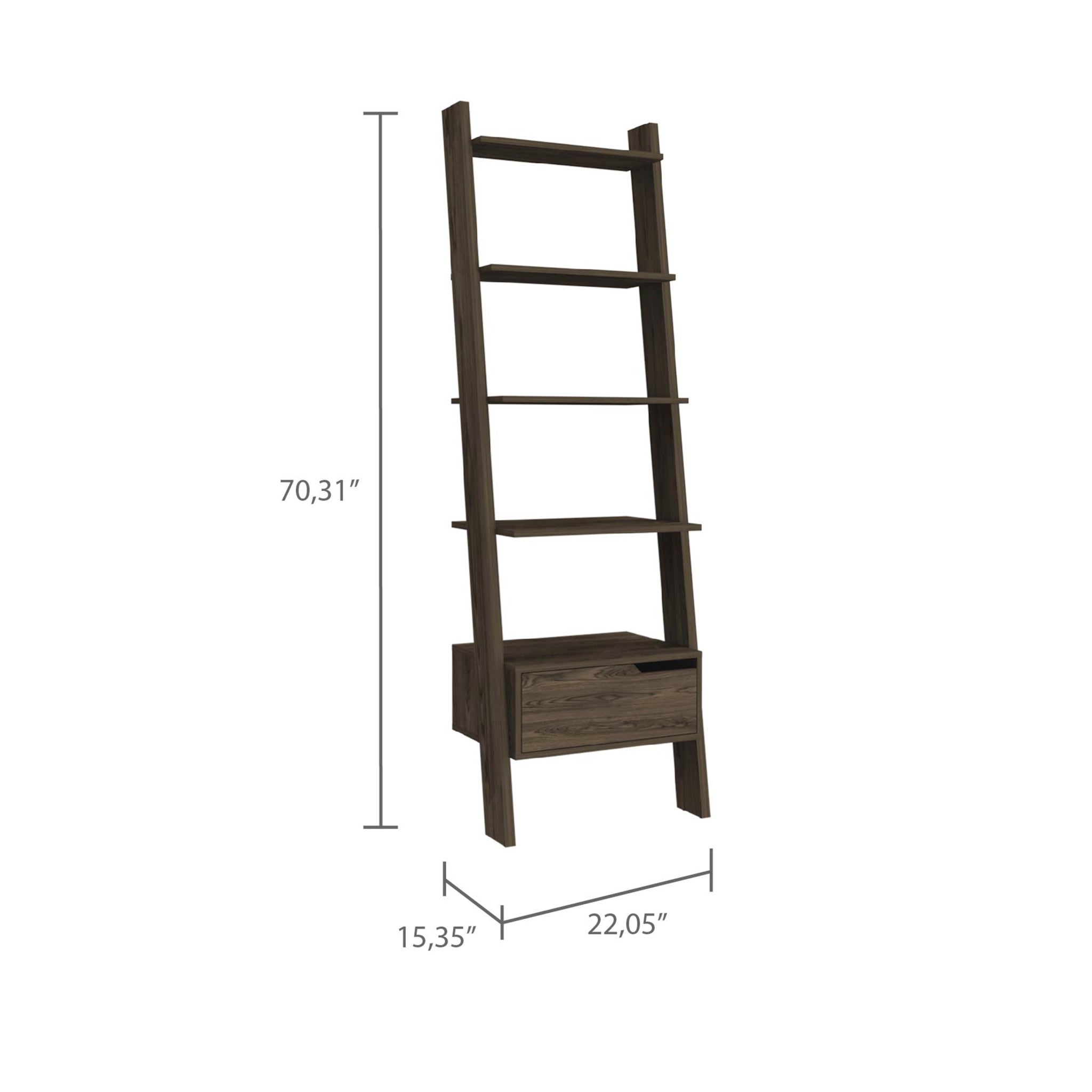 70" Dark Walnut Five Tier Ladder Bookcase with Drawer