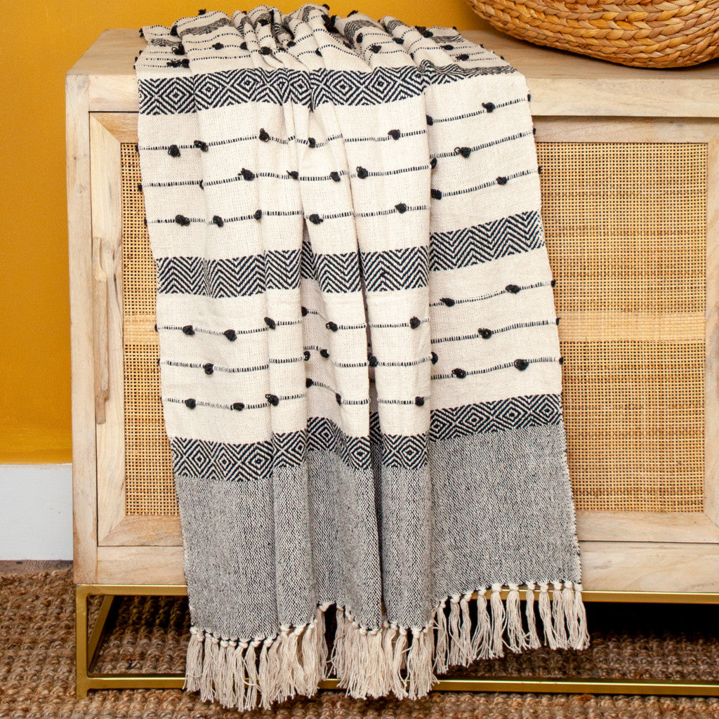 Beige And Black Woven Wool Solid Color Reversable Throw