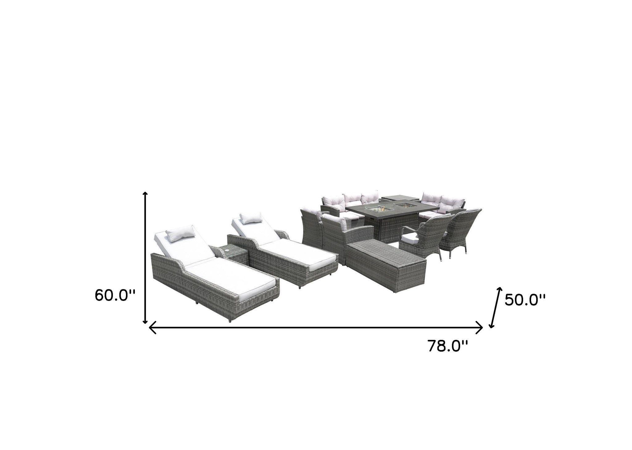 Twelve Piece Outdoor Gray Wicker Multiple Chairs Seating Group Fire Pit Included With Cushions