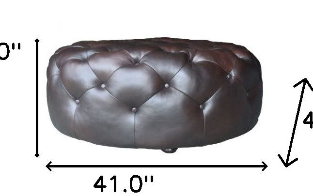 41" Brown Genuine Leather And Dark Brown Tufted Round Ottoman