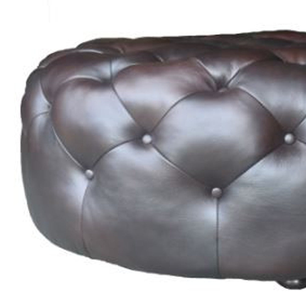 41" Brown Genuine Leather And Dark Brown Tufted Round Ottoman