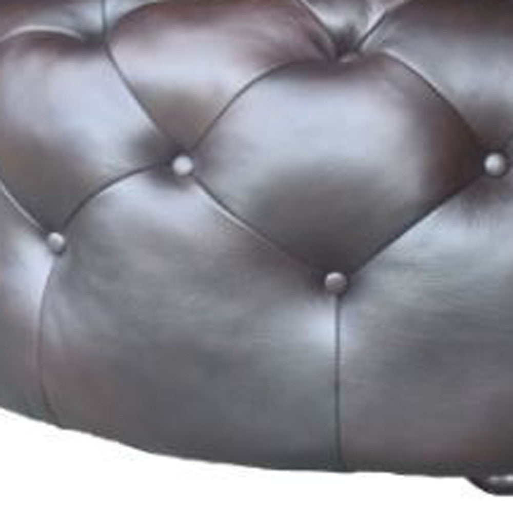 41" Brown Genuine Leather And Dark Brown Tufted Round Ottoman