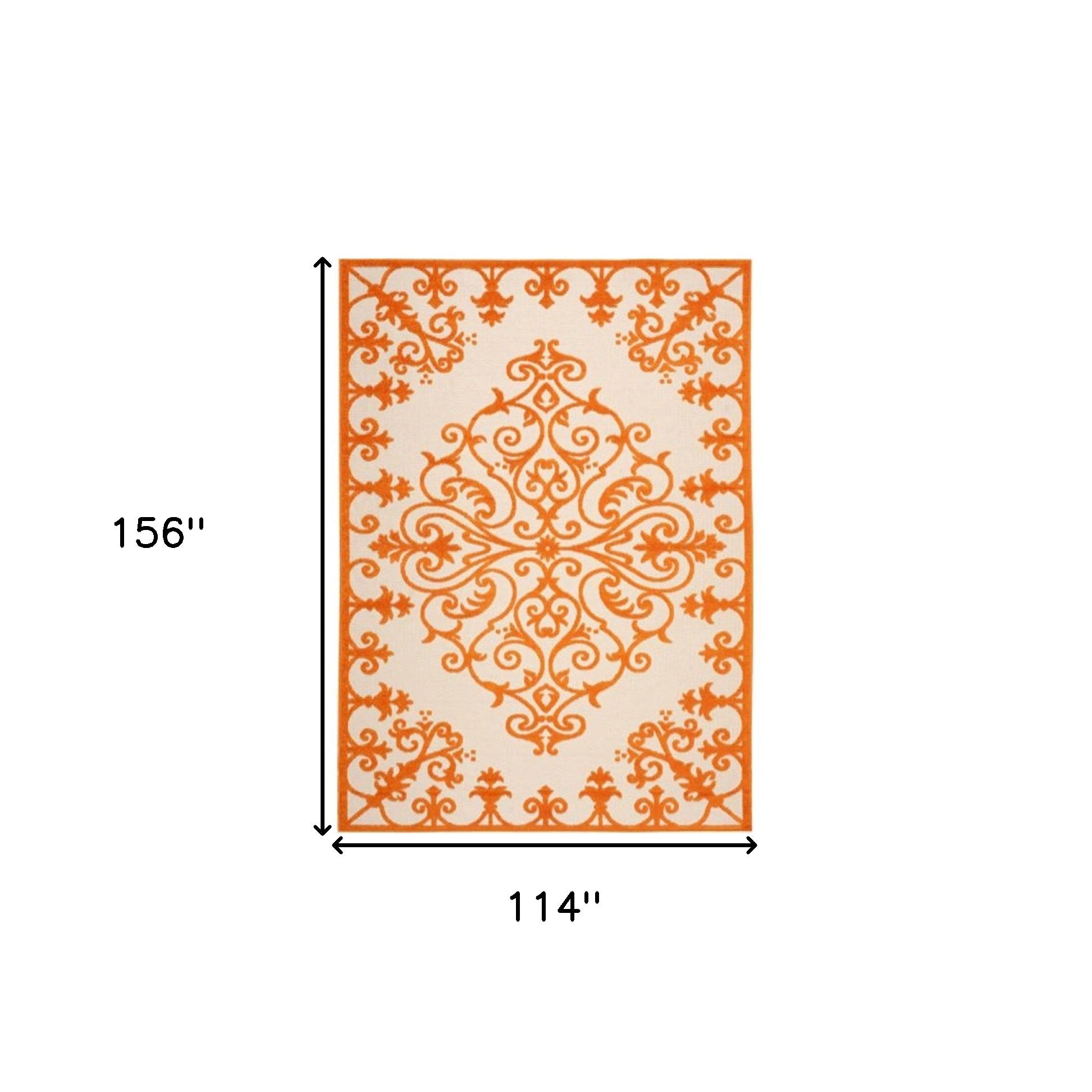 10' X 13' Orange Damask Non Skid Indoor Outdoor Area Rug