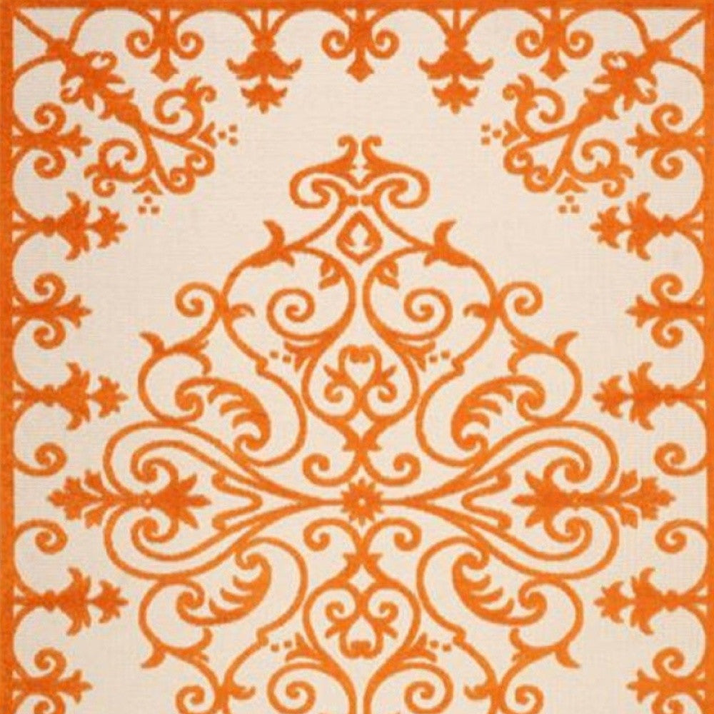 10' X 13' Orange Damask Non Skid Indoor Outdoor Area Rug