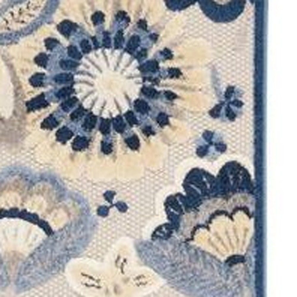 2' X 12' Blue And Grey Floral Non Skid Indoor Outdoor Runner Rug