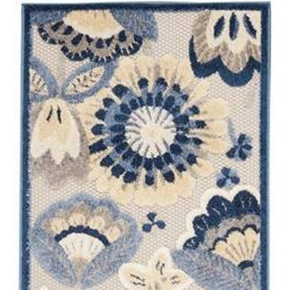 2' X 12' Blue And Grey Floral Non Skid Indoor Outdoor Runner Rug