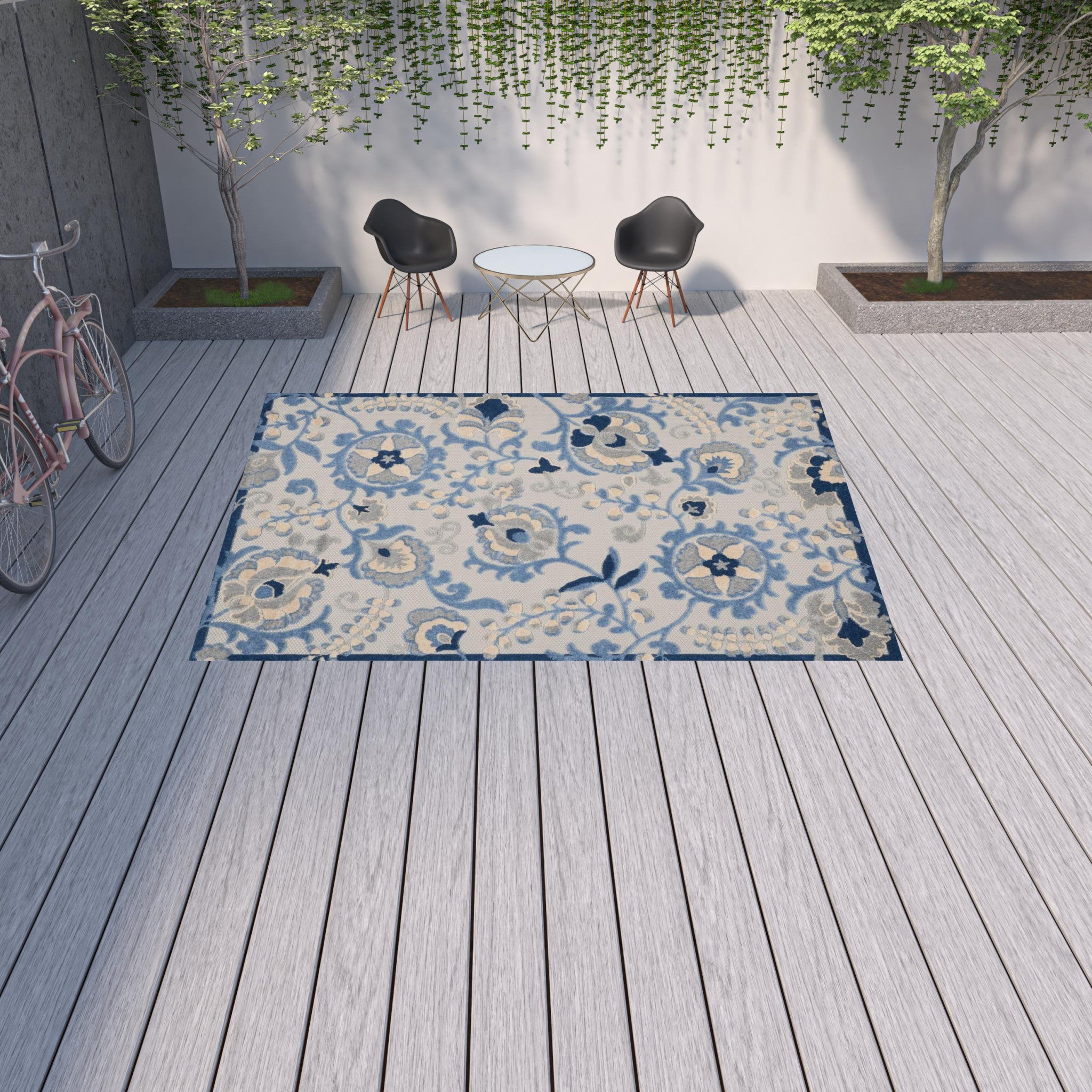 9' X 12' Blue And Grey Toile Non Skid Indoor Outdoor Area Rug