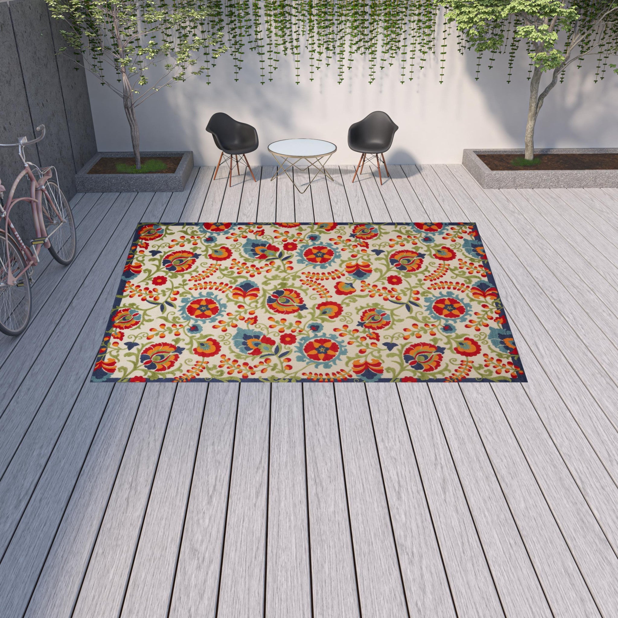 10' X 13' Beige Orange And Red Toile Non Skid Indoor Outdoor Area Rug