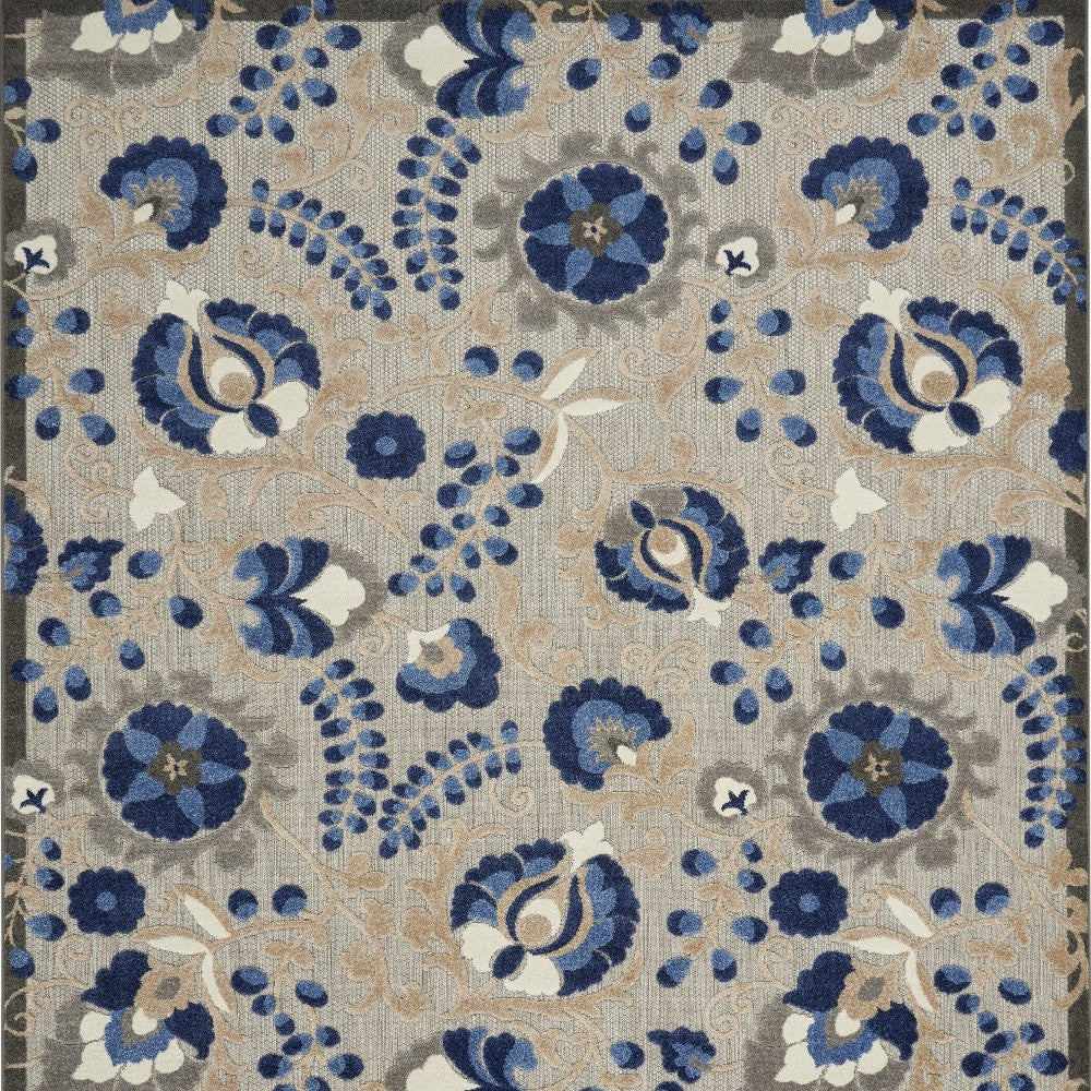 10' X 13' Natural And Blue Toile Non Skid Indoor Outdoor Area Rug