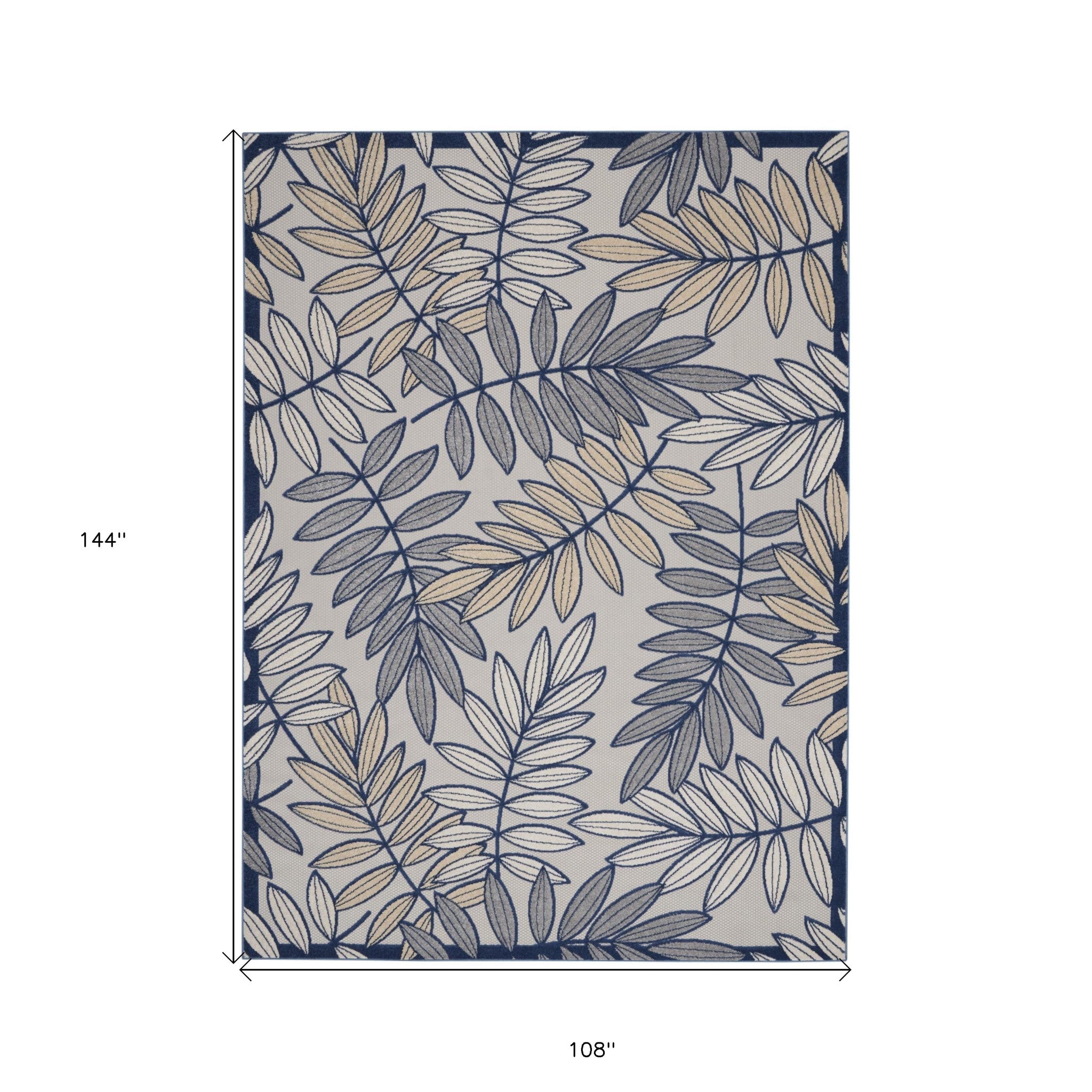 9' X 12' Ivory And Navy Floral Non Skid Indoor Outdoor Area Rug