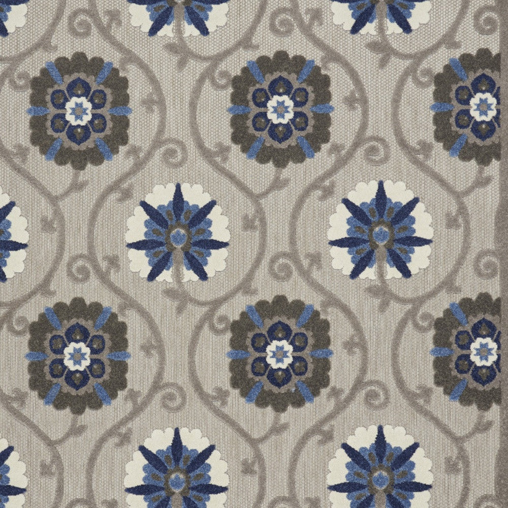 10' X 13' Grey And Blue Floral Non Skid Indoor Outdoor Area Rug