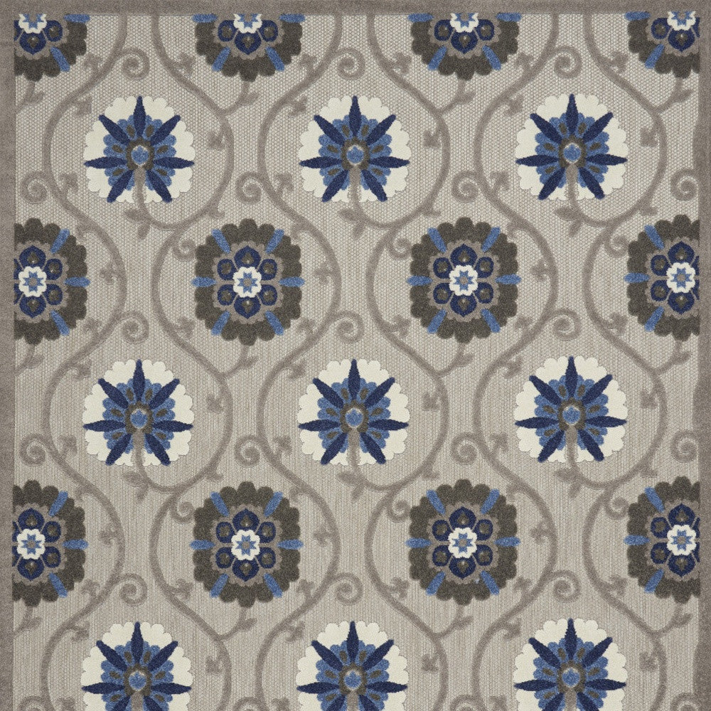 10' X 13' Grey And Blue Floral Non Skid Indoor Outdoor Area Rug