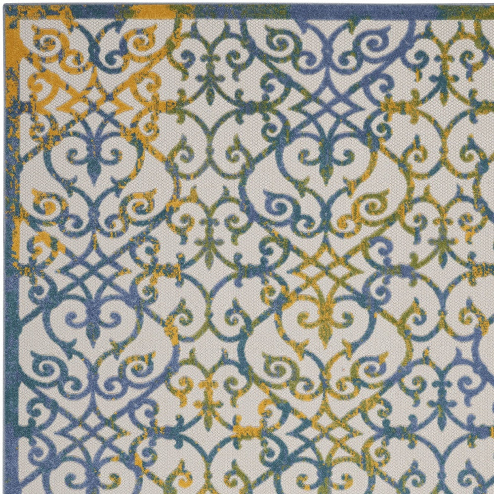 12' X 15' Ivory And Blue Damask Non Skid Indoor Outdoor Area Rug