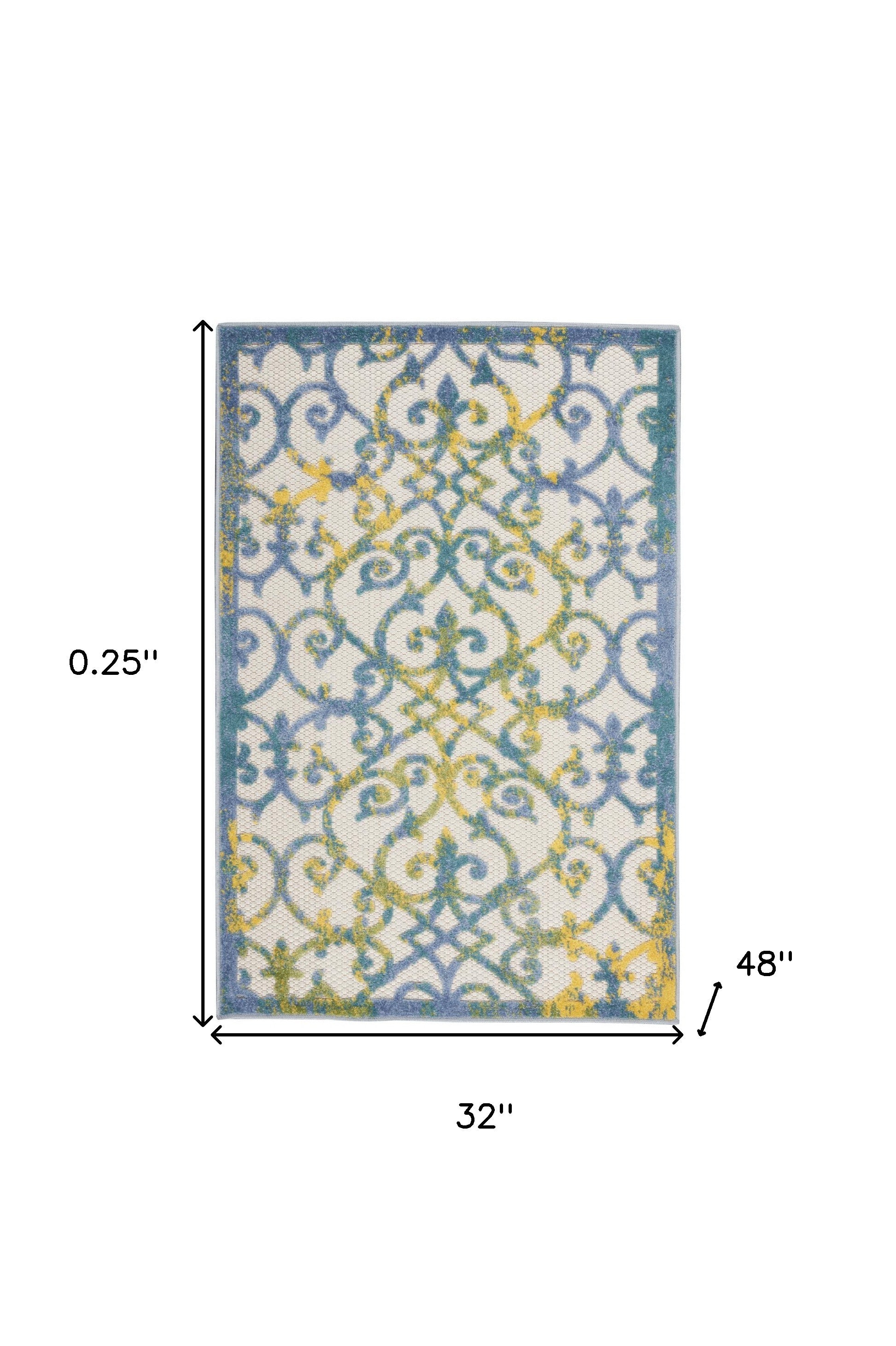 3' X 4' Ivory And Blue Damask Non Skid Indoor Outdoor Area Rug