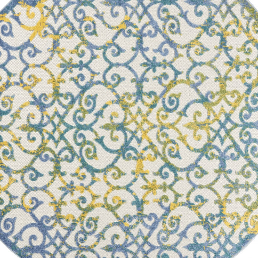 8' X 8' Ivory And Blue Round Damask Non Skid Indoor Outdoor Area Rug