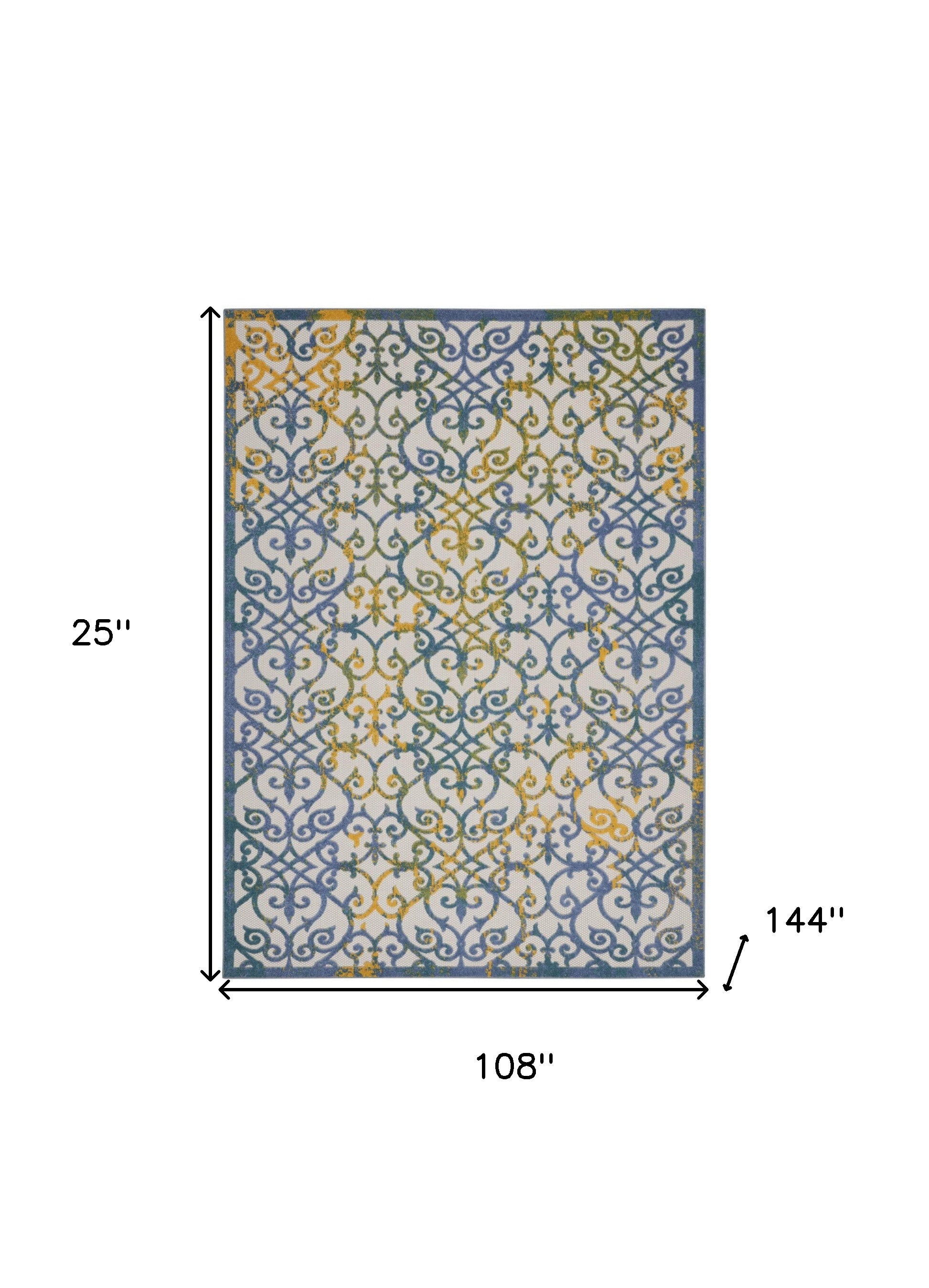 9' X 12' Ivory And Blue Damask Non Skid Indoor Outdoor Area Rug