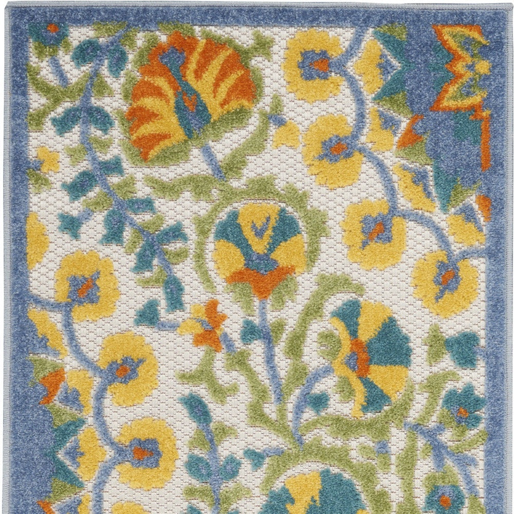 2' X 6' Blue Yellow And White Toile Non Skid Indoor Outdoor Runner Rug