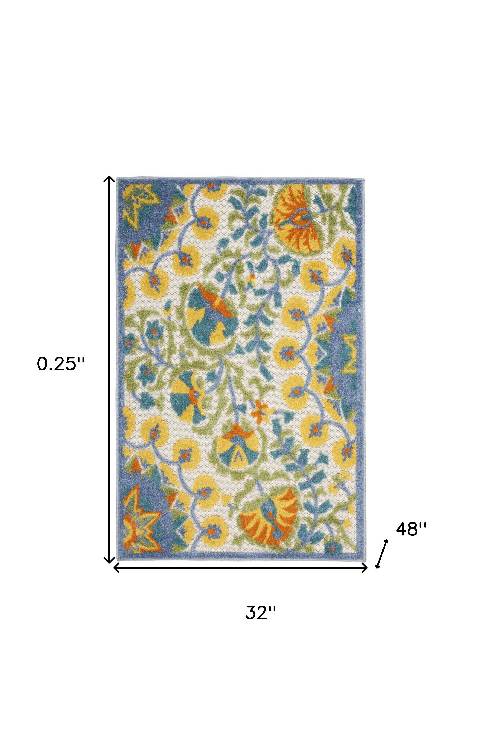 3' X 4' Yellow And Teal Toile Non Skid Indoor Outdoor Area Rug