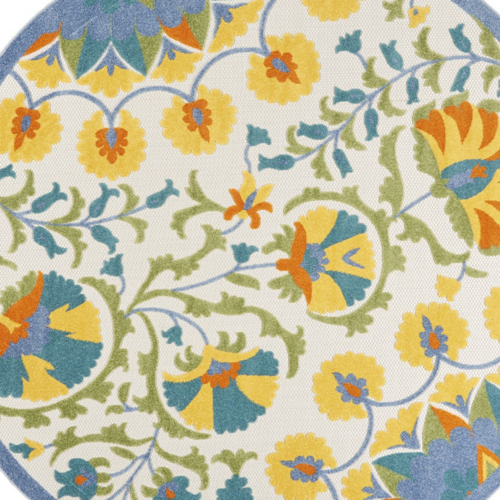 8' X 8' Blue Yellow And White Round Toile Non Skid Indoor Outdoor Area Rug