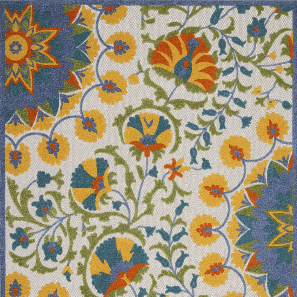 9' X 12' Blue Yellow And White Toile Non Skid Indoor Outdoor Area Rug