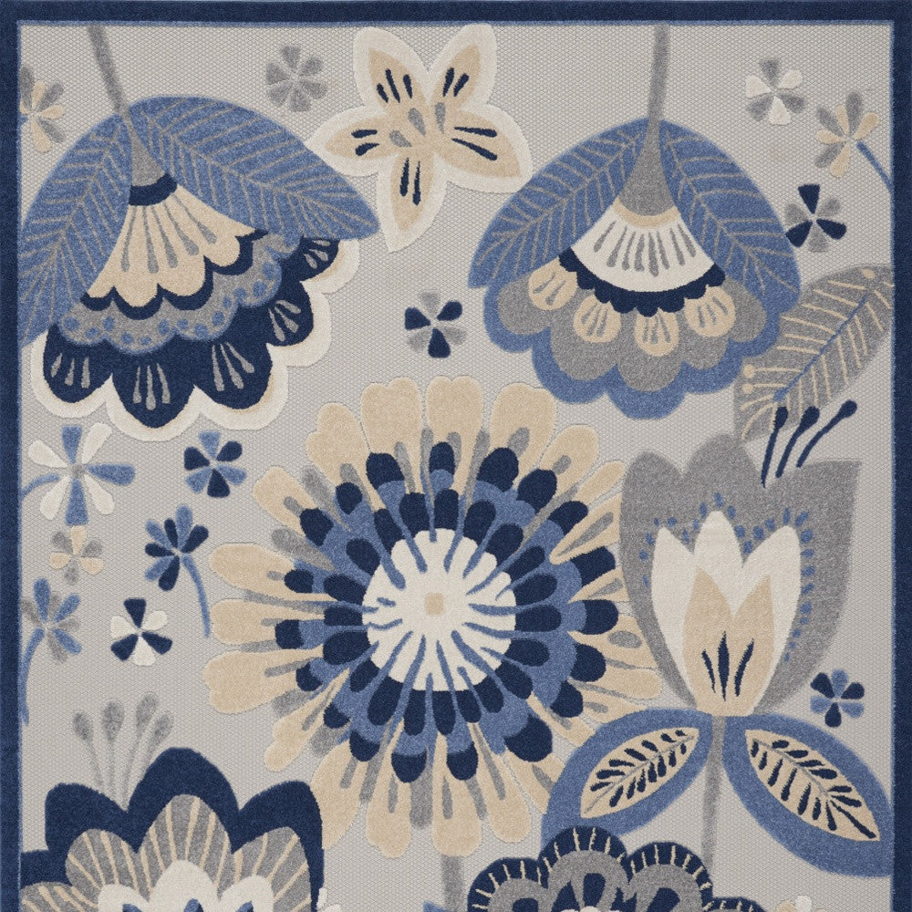 10' X 13' Blue And Grey Floral Non Skid Indoor Outdoor Area Rug