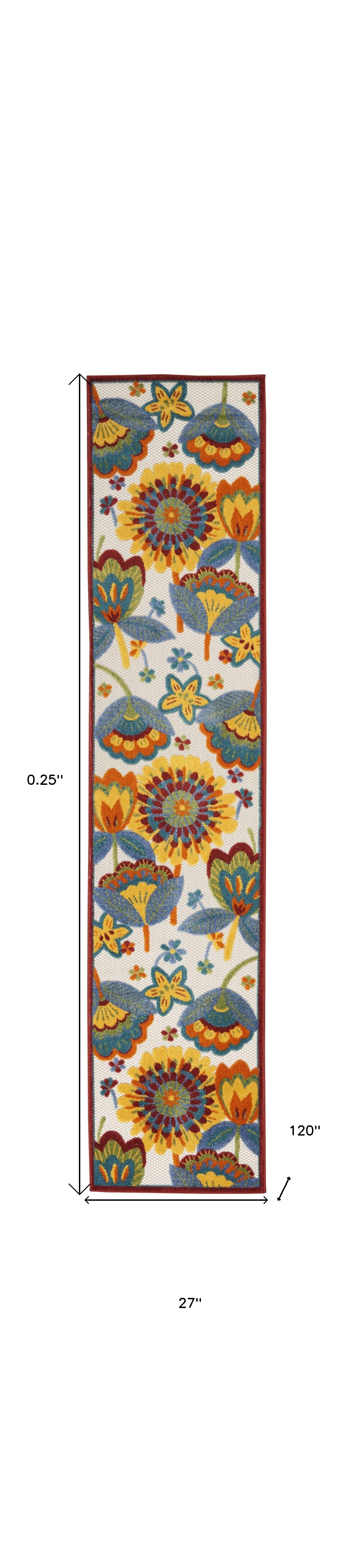 2' X 10' White Yellow And Blue Floral Non Skid Indoor Outdoor Runner Rug