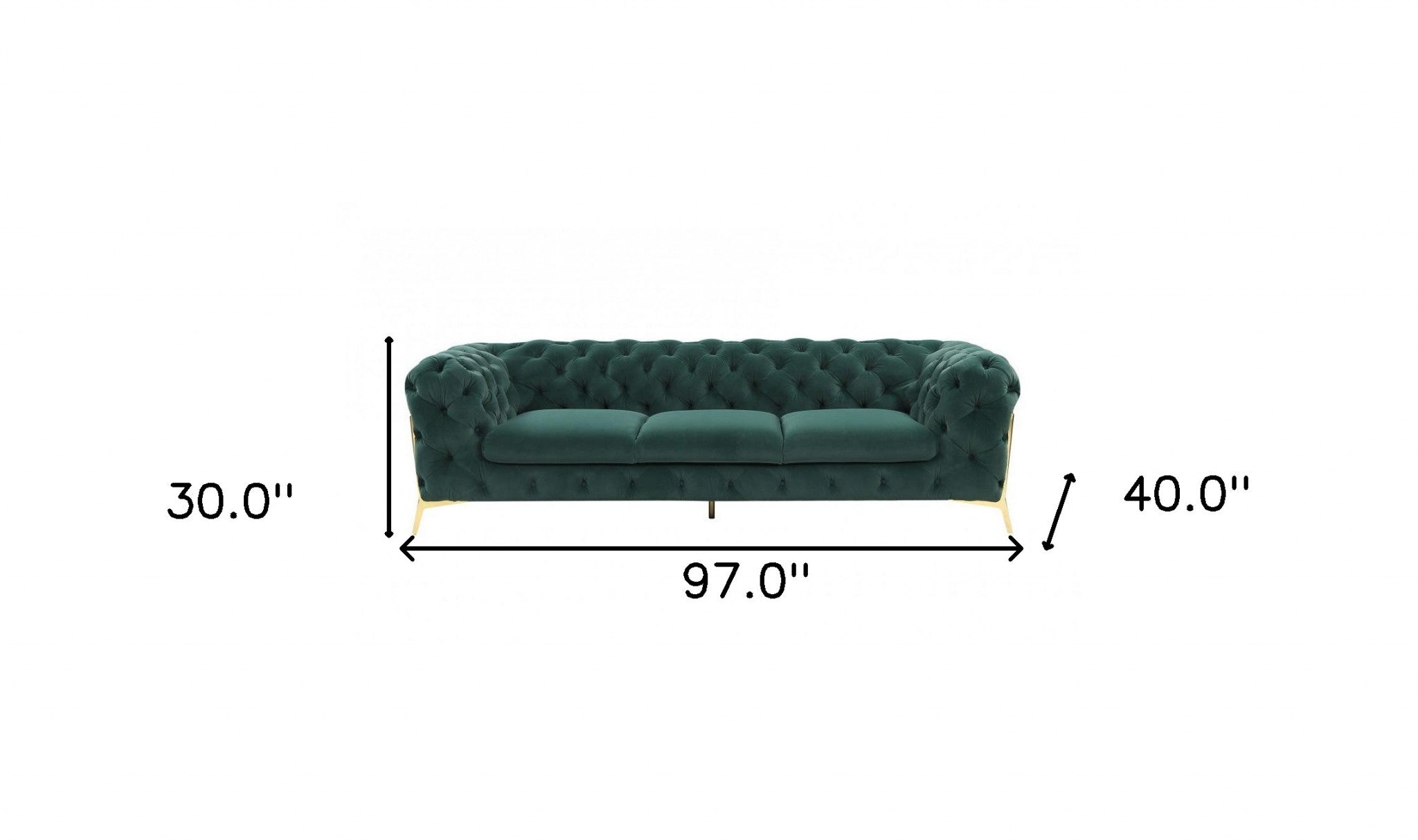 Glam 97" Green Velvet And Gold Accent Sofa