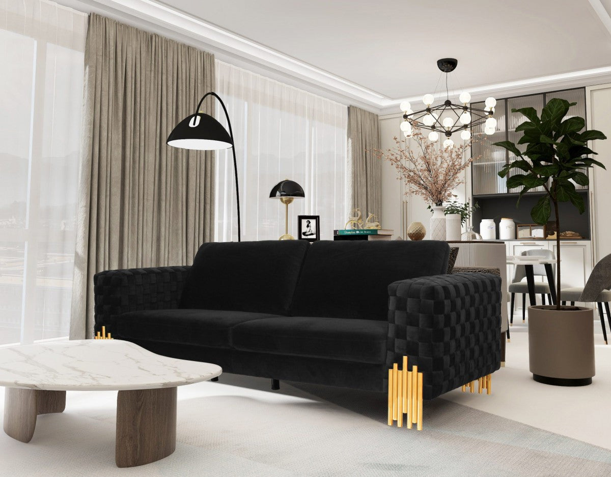 95" Black Velvet And Gold Sofa