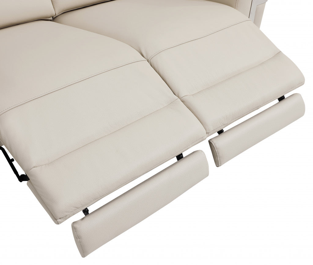 83" Beige Italian Leather and Chrome Reclining Sofa