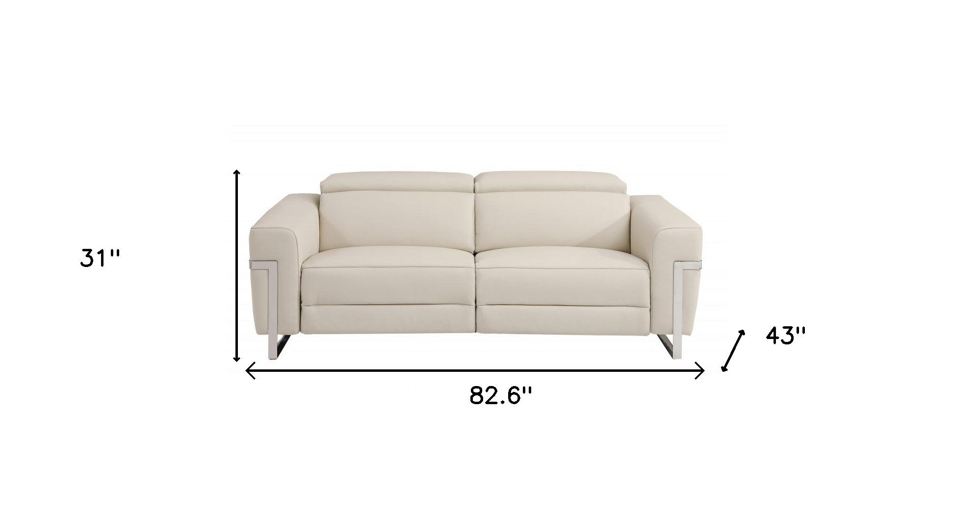 83" Beige Italian Leather and Chrome Reclining Sofa