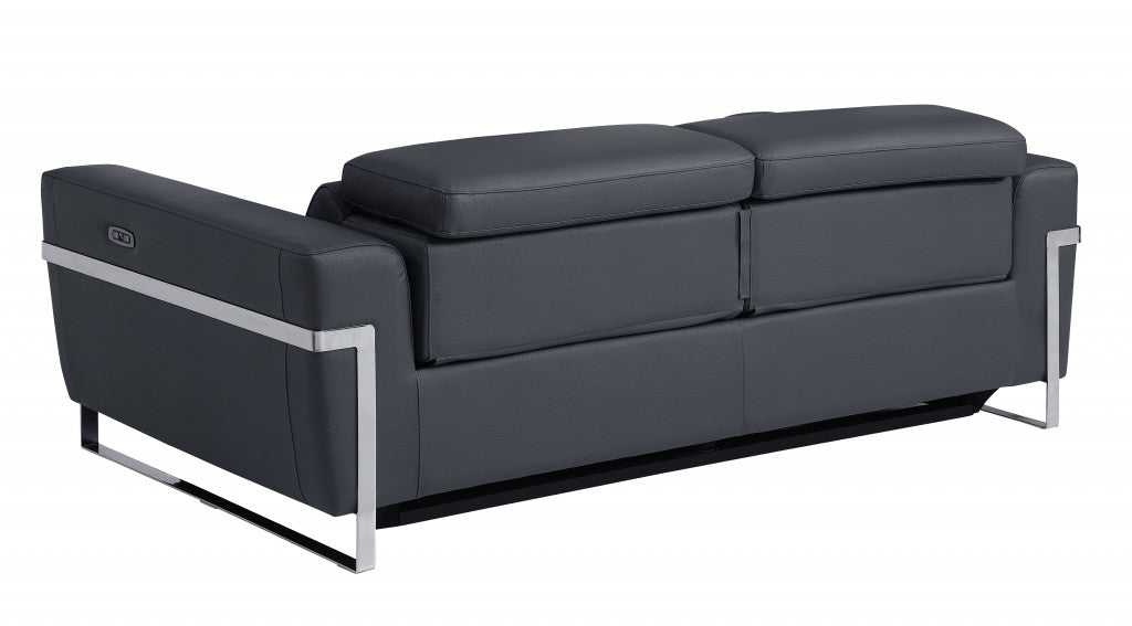 83" Dark Gray Italian Leather and  Chrome Reclining Sofa