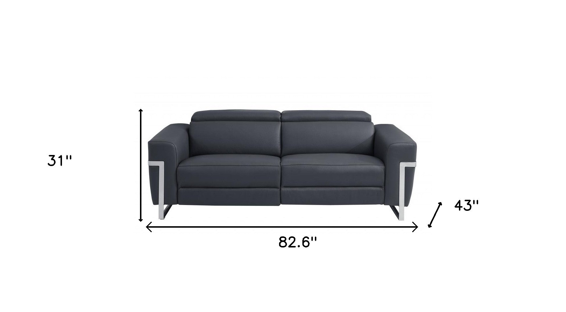 83" Dark Gray Italian Leather and  Chrome Reclining Sofa