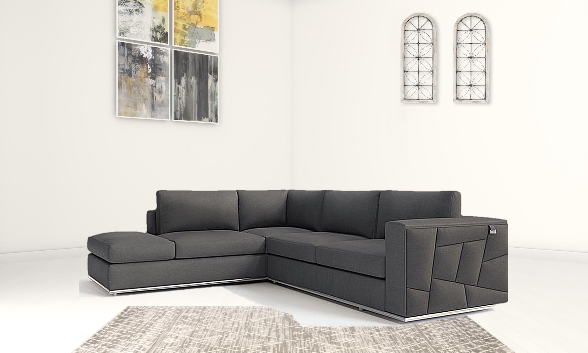 Dark Gray Deco Tufted Italian Leather Modular L Shaped Two Piece Corner Sectional