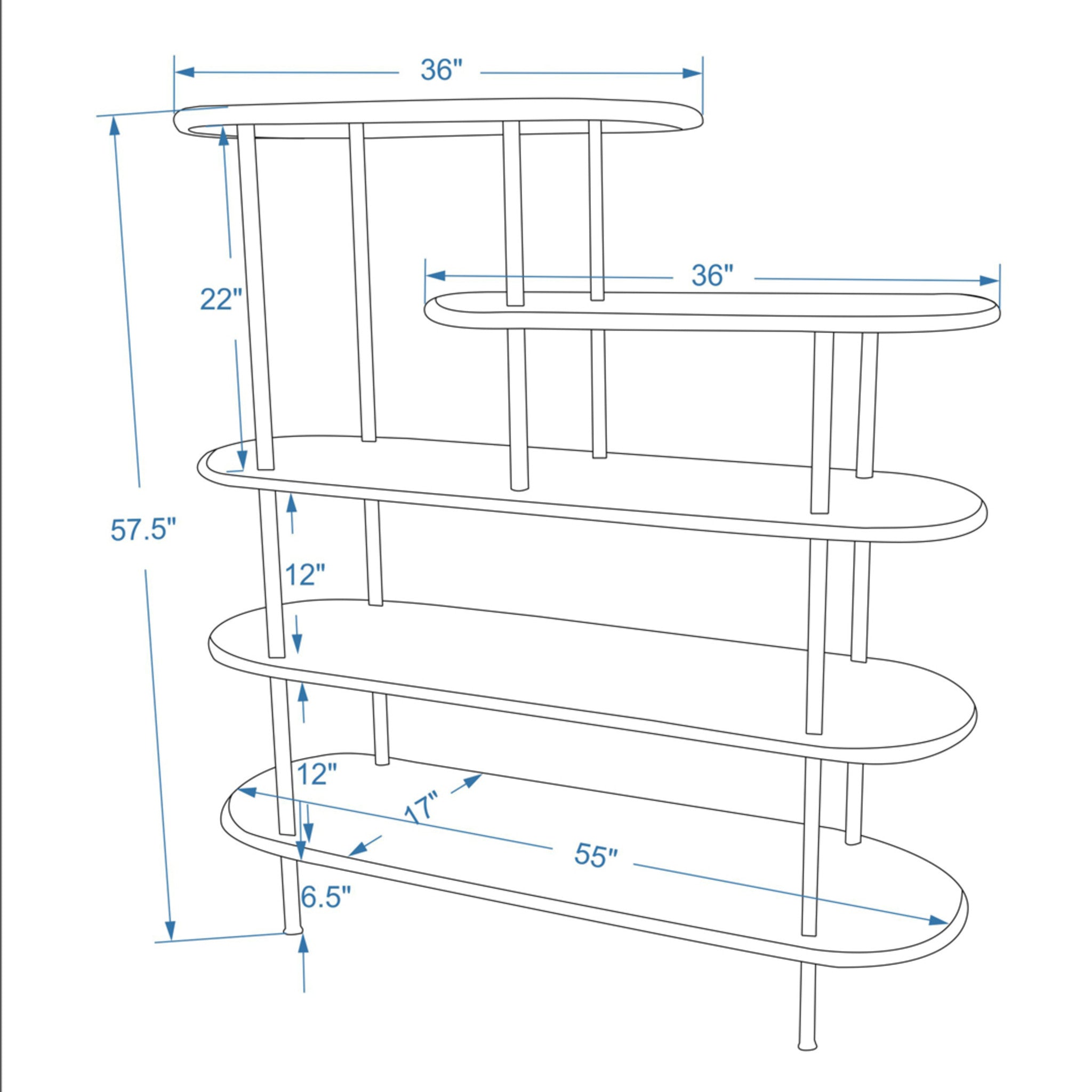 58" Whitewash Solid Wood and Gray Iron Five Tier Oval Bookcase