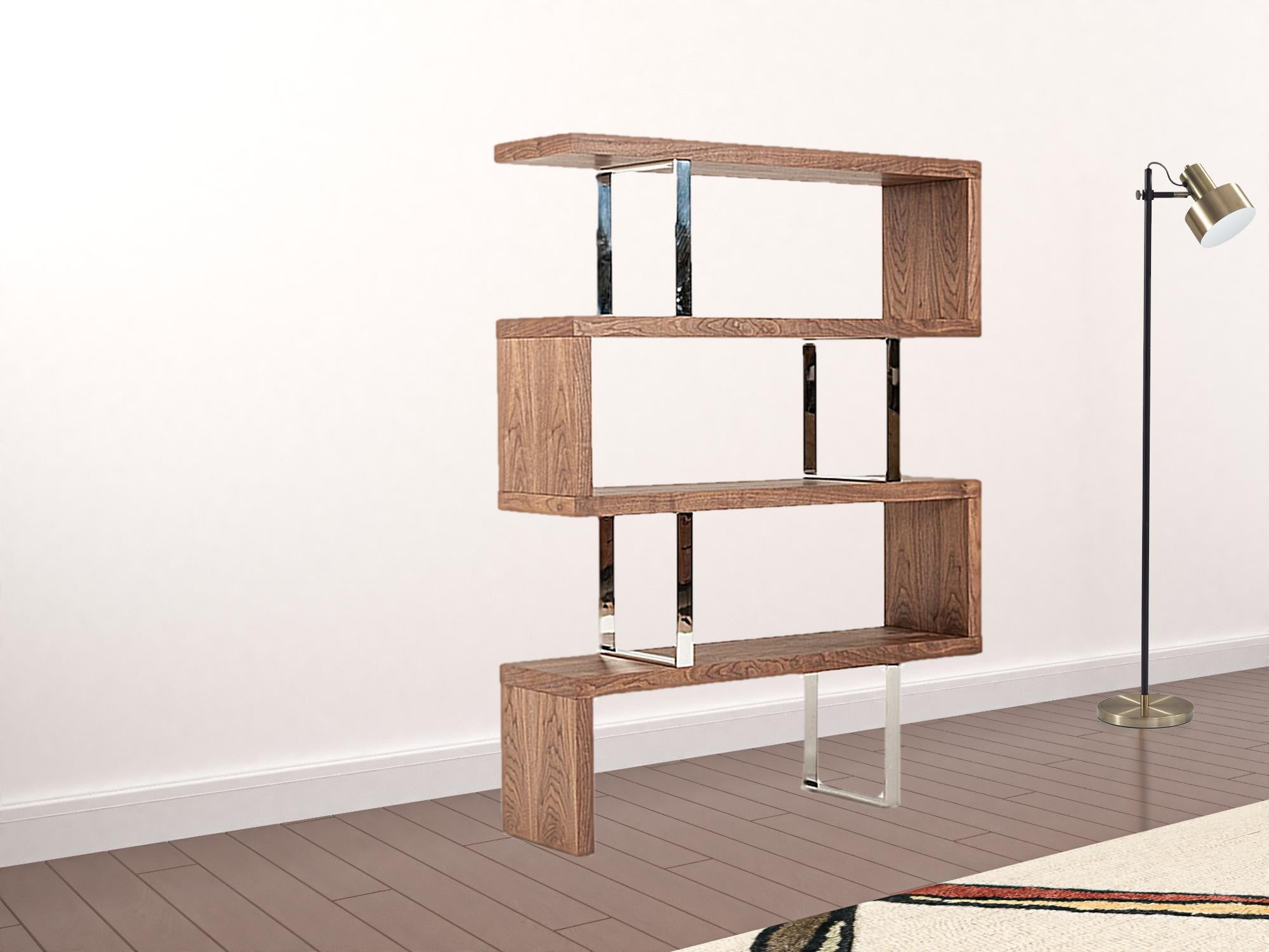 67" Walnut Manufactured Wood Four Tier Zig Zag Bookcase