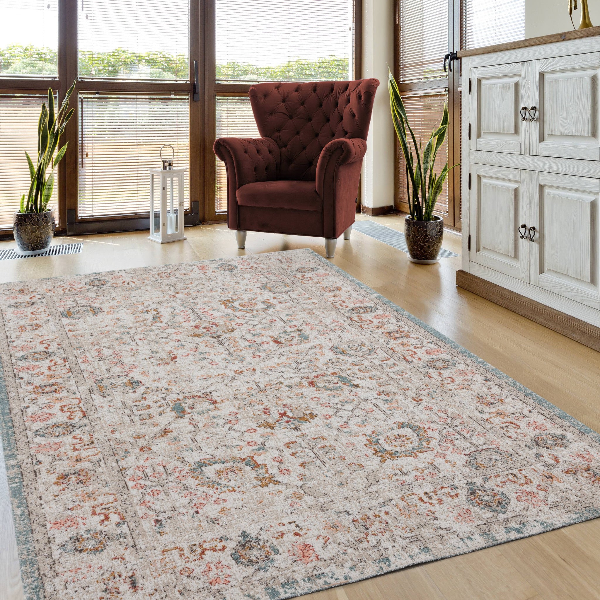 8' X 10' Beige Floral Stain Resistant Indoor Outdoor Area Rug