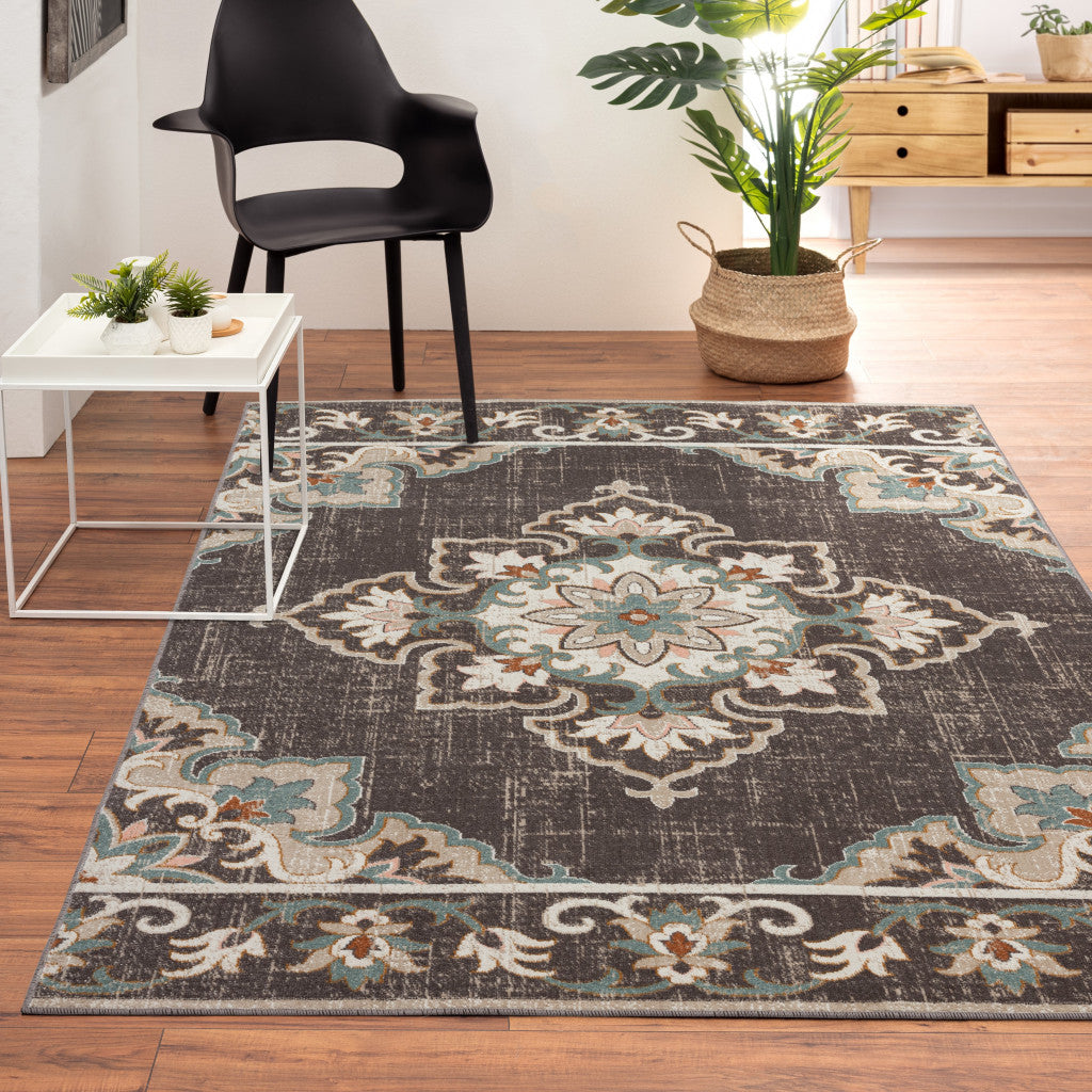 8' X 10' Brown Floral Stain Resistant Indoor Outdoor Area Rug